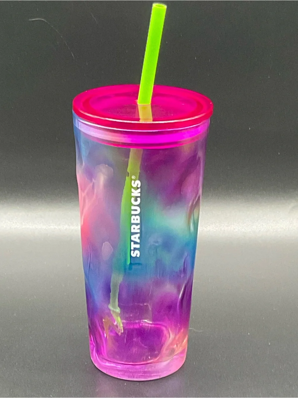 Starbucks 2024 Retired 16 oz Rainbow Glass Tumbler Pink Lid Green Straw tie dye